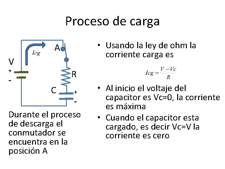 Proceso de carga • Usando la ley de ohm la corriente carga es A