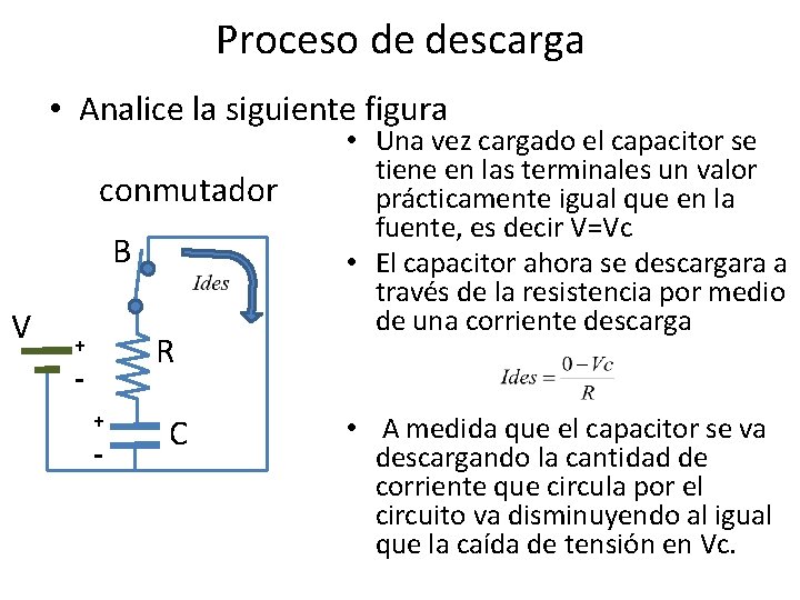 Proceso de descarga • Analice la siguiente figura conmutador B V R + -