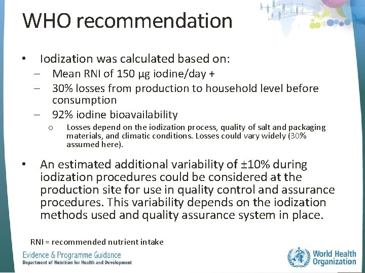 WHO recommendation • Iodization was calculated based on: ‒ Mean RNI of 150 μg