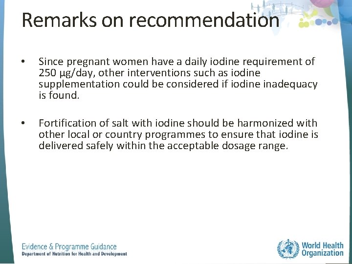 Remarks on recommendation • Since pregnant women have a daily iodine requirement of 250