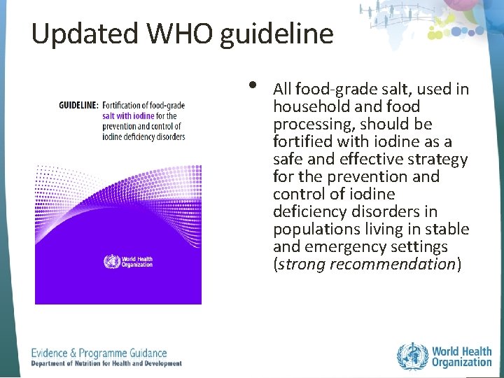 Updated WHO guideline • All food-grade salt, used in household and food processing, should
