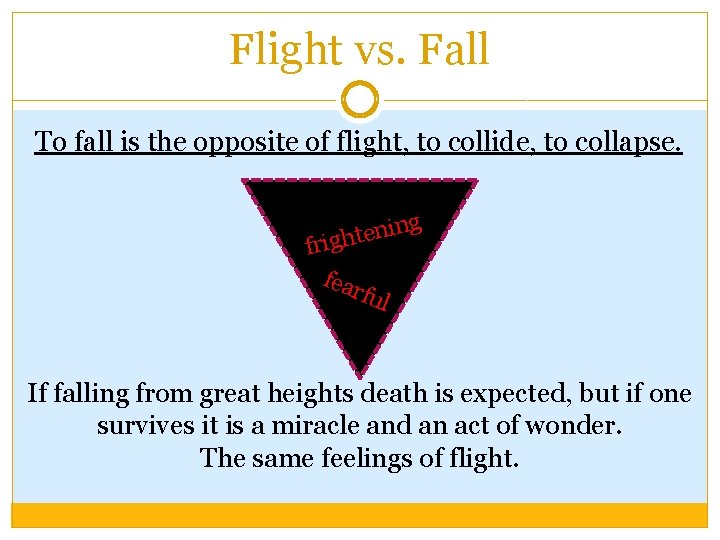 Flight vs. Fall To fall is the opposite of flight, to collide, to collapse.