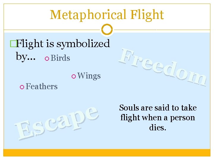 Metaphorical Flight �Flight is symbolized by… Birds Wings Feathers e p a c s