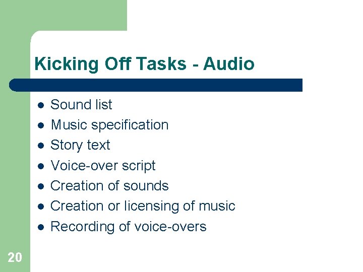 Kicking Off Tasks - Audio l l l l 20 Sound list Music specification Kicking Off Tasks - Audio l l l l 20 Sound list Music specification