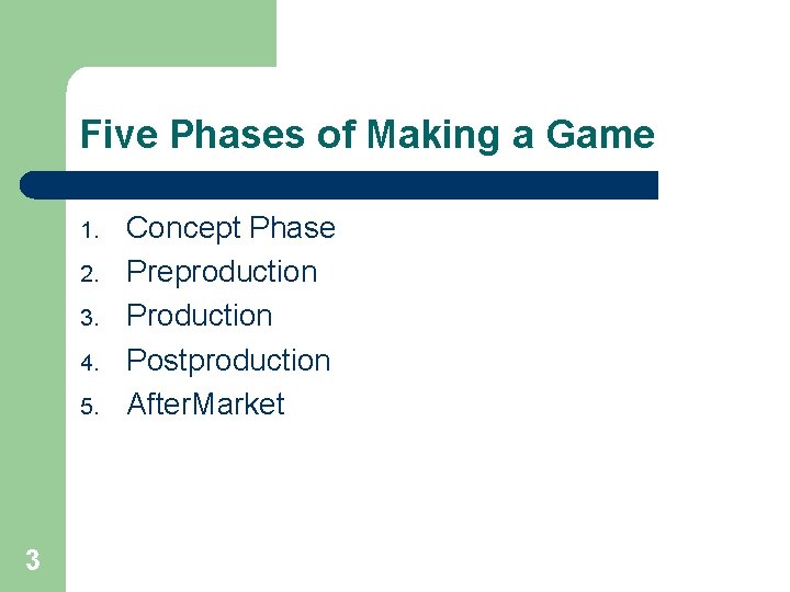 Five Phases of Making a Game 1. 2. 3. 4. 5. 3 Concept Phase Five Phases of Making a Game 1. 2. 3. 4. 5. 3 Concept Phase