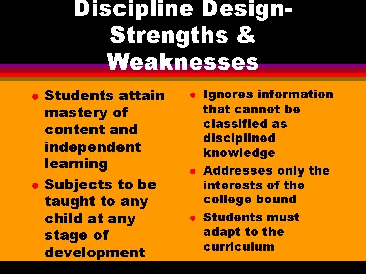 Discipline Design. Strengths & Weaknesses l l Students attain mastery of content and independent