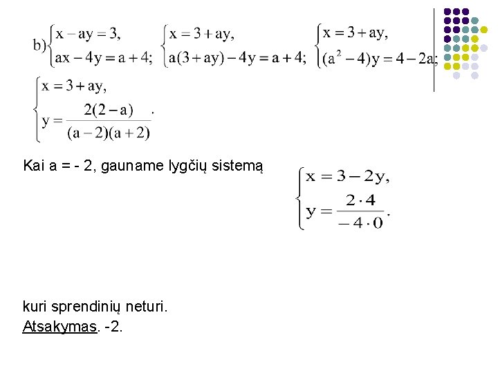 Kai a = - 2, gauname lygčių sistemą kuri sprendinių neturi. Atsakymas. -2. 