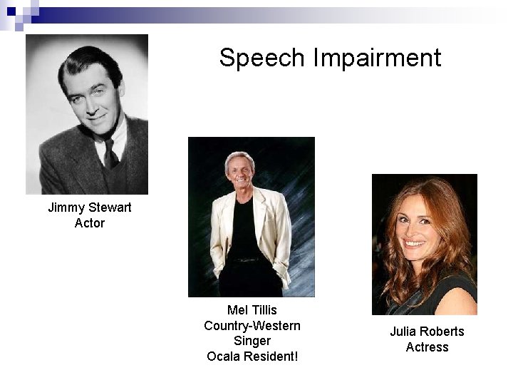 Speech Impairment Jimmy Stewart Actor Mel Tillis Country-Western Singer Ocala Resident! Julia Roberts Actress