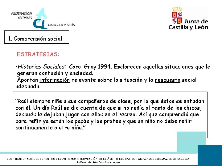 1. Comprensión social ESTRATEGIAS: • Historias Sociales: Carol Gray 1994. Esclarecen aquellas situaciones que
