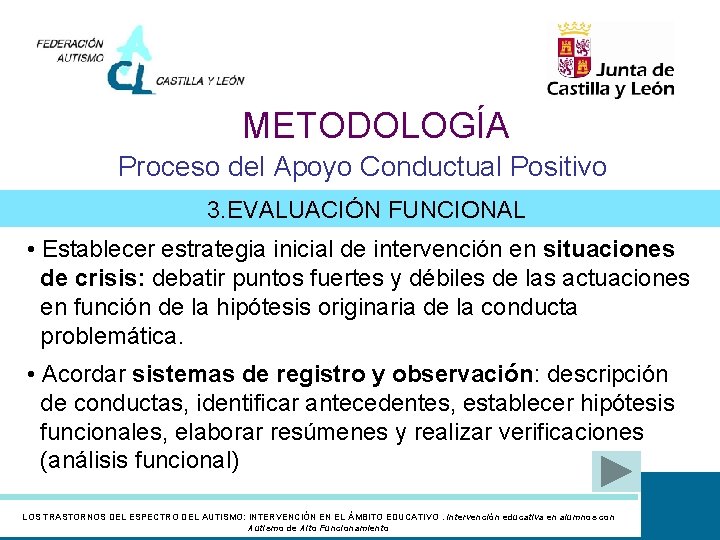 METODOLOGÍA Proceso del Apoyo Conductual Positivo 3. EVALUACIÓN FUNCIONAL • Establecer estrategia inicial de