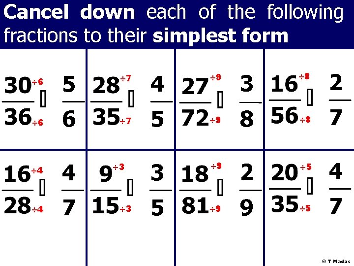 Cancel down each of the following fractions to their simplest form ÷ 6 5