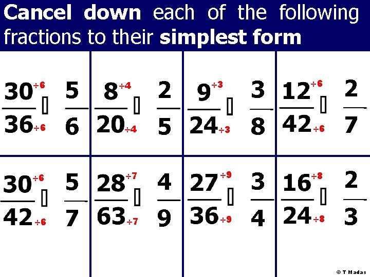 Cancel down each of the following fractions to their simplest form ÷ 6 5