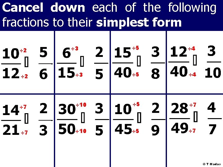 Cancel down each of the following fractions to their simplest form ÷ 2 5