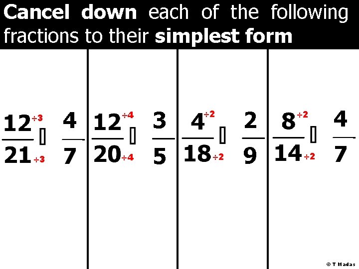 Cancel down each of the following fractions to their simplest form ÷ 3 4