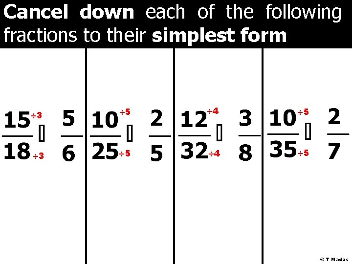 Cancel down each of the following fractions to their simplest form ÷ 3 5