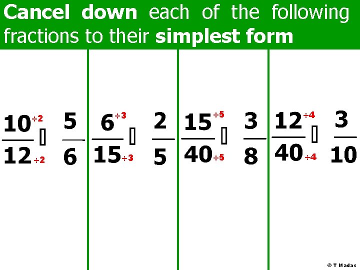Cancel down each of the following fractions to their simplest form ÷ 2 5