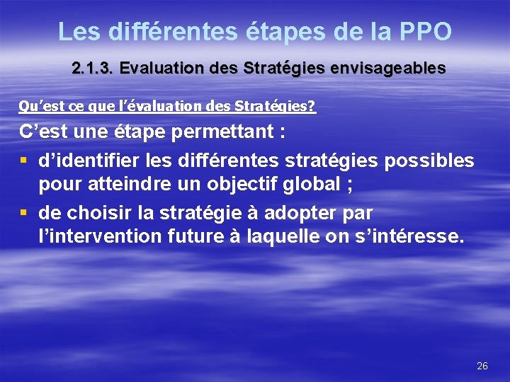 Les différentes étapes de la PPO 2. 1. 3. Evaluation des Stratégies envisageables Qu’est
