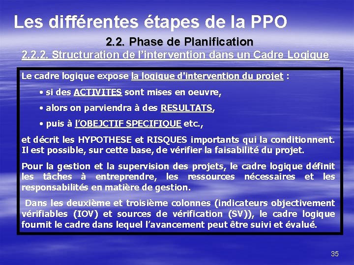 Les différentes étapes de la PPO 2. 2. Phase de Planification 2. 2. 2.