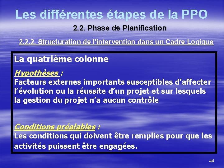 Les différentes étapes de la PPO 2. 2. Phase de Planification 2. 2. 2.