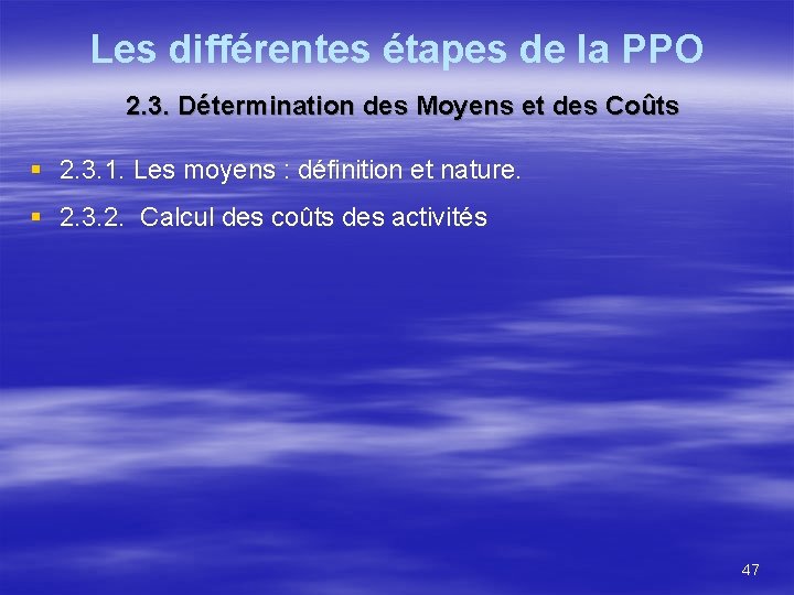 Les différentes étapes de la PPO 2. 3. Détermination des Moyens et des Coûts