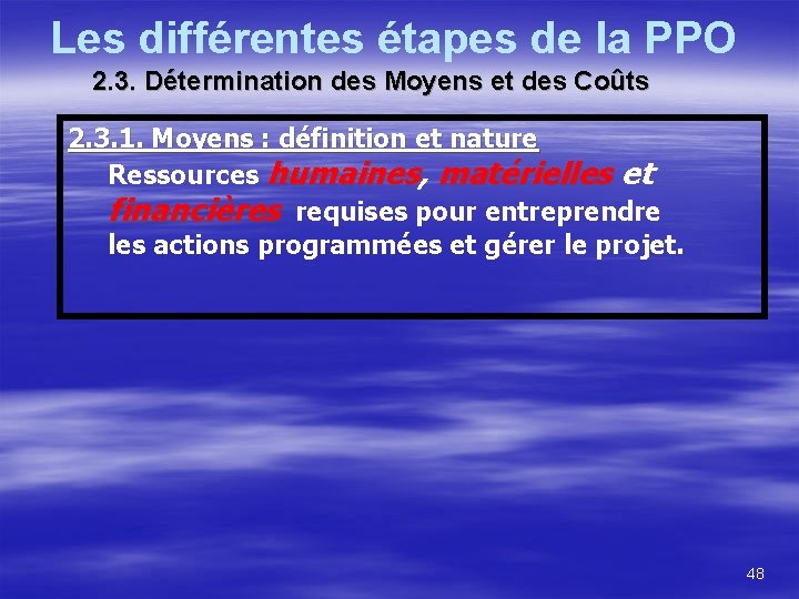 Les différentes étapes de la PPO 2. 3. Détermination des Moyens et des Coûts