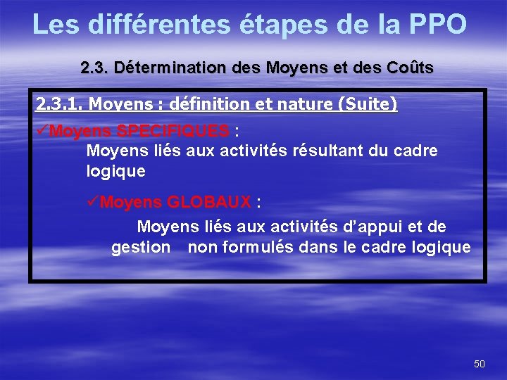 Les différentes étapes de la PPO 2. 3. Détermination des Moyens et des Coûts