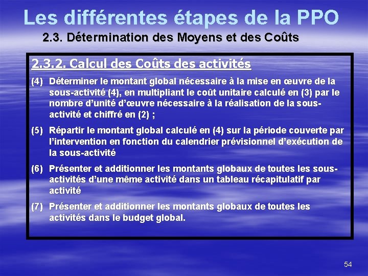 Les différentes étapes de la PPO 2. 3. Détermination des Moyens et des Coûts