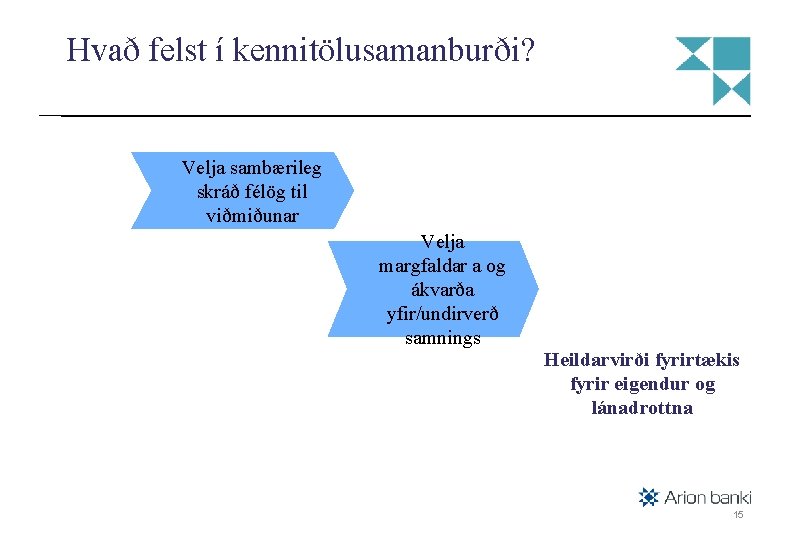 Hvað felst í kennitölusamanburði? Stig 1: Stig 2: Niðurstaða: Velja sambærileg skráð félög til