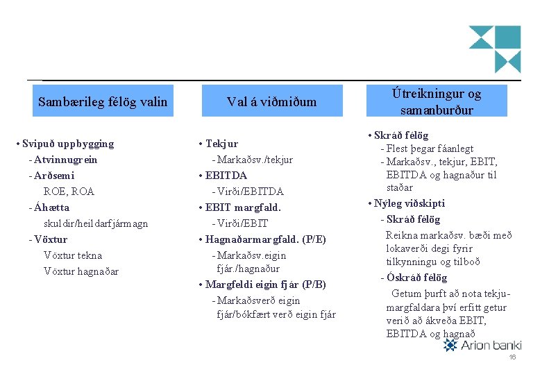 Sambærileg félög valin • Svipuð uppbygging - Atvinnugrein - Arðsemi ROE, ROA - Áhætta