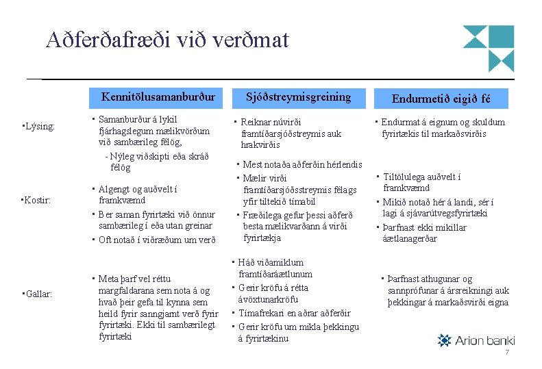 Aðferðafræði við verðmat Kennitölusamanburður • Lýsing: • Kostir: • Gallar: • Samanburður á lykil