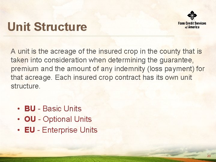 Unit Structure A unit is the acreage of the insured crop in the county