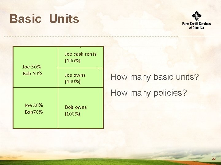 Basic Units Joe 50% Bob 50% Joe cash rents (100%) Joe owns (100%) How