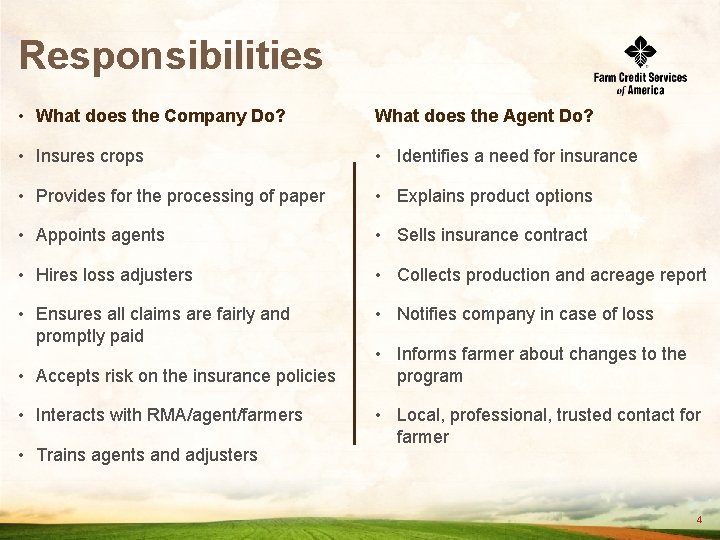 Responsibilities • What does the Company Do? What does the Agent Do? • Insures