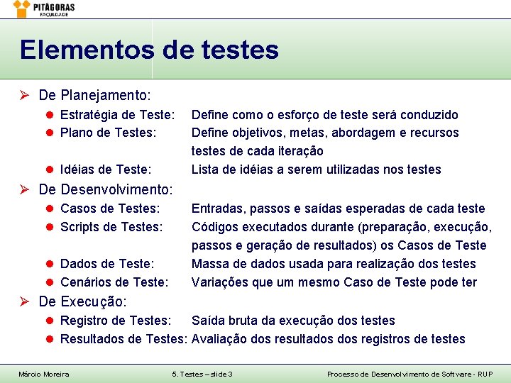 Elementos de testes Ø De Planejamento: l Estratégia de Teste: l Plano de Testes: