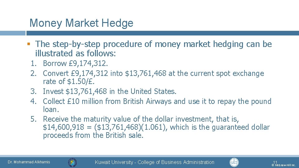 Money Market Hedge § The step-by-step procedure of money market hedging can be illustrated