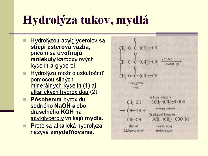 Hydrolýza tukov, mydlá n Hydrolýzou acylglycerolov sa štiepi esterová väzba, pričom sa uvoľnujú molekuly