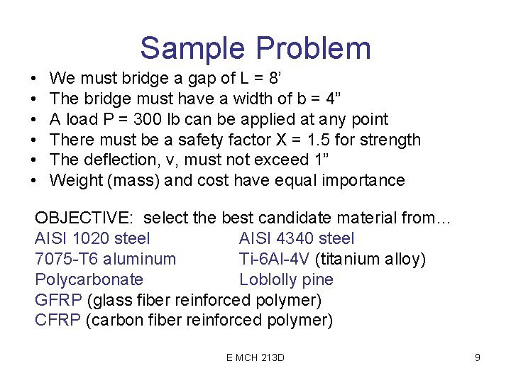 Sample Problem • • • We must bridge a gap of L = 8’