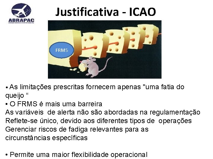 Justificativa - ICAO FRMS • As limitações prescritas fornecem apenas "uma fatia do queijo