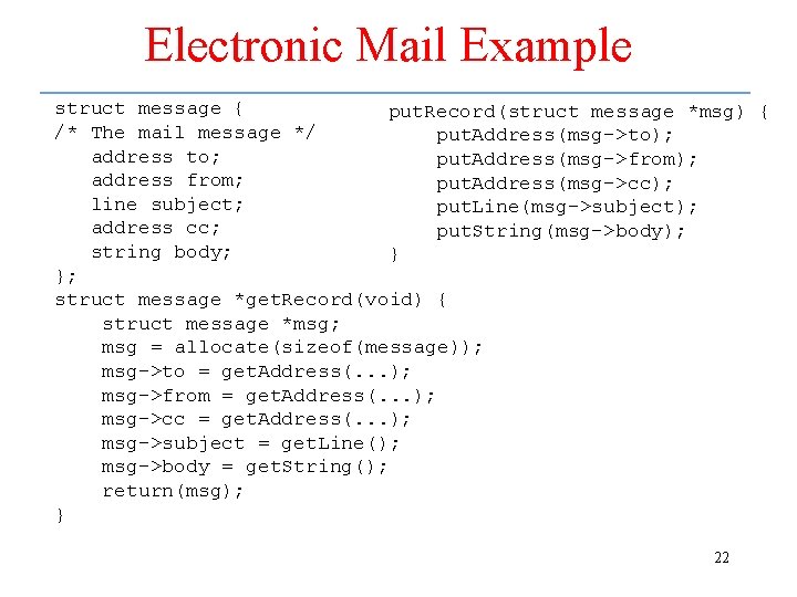 Electronic Mail Example struct message { put. Record(struct message *msg) { /* The mail