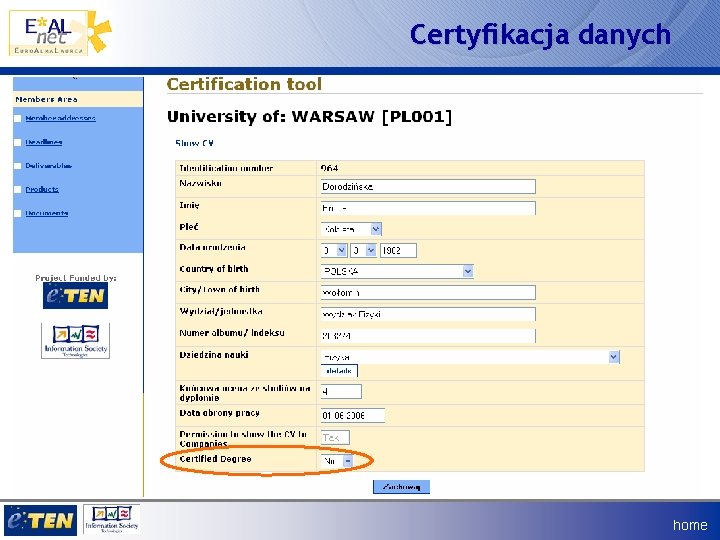 Certyfikacja danych home 