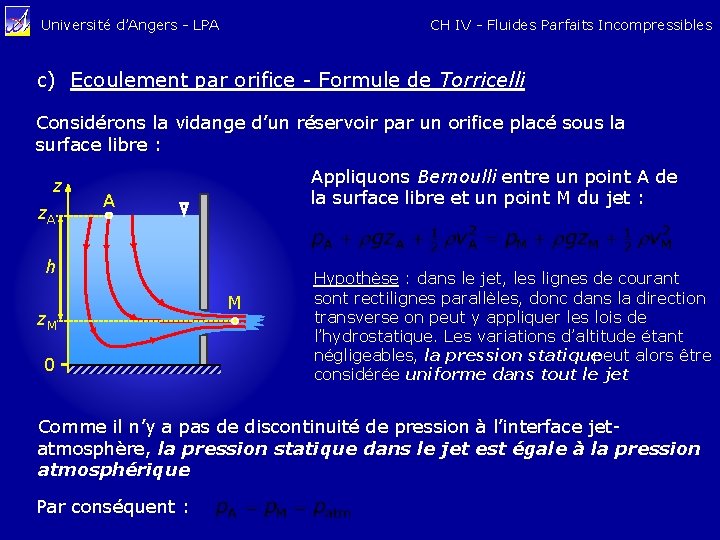 CH IV - Fluides Parfaits Incompressibles Université d’Angers - LPA c) Ecoulement par orifice