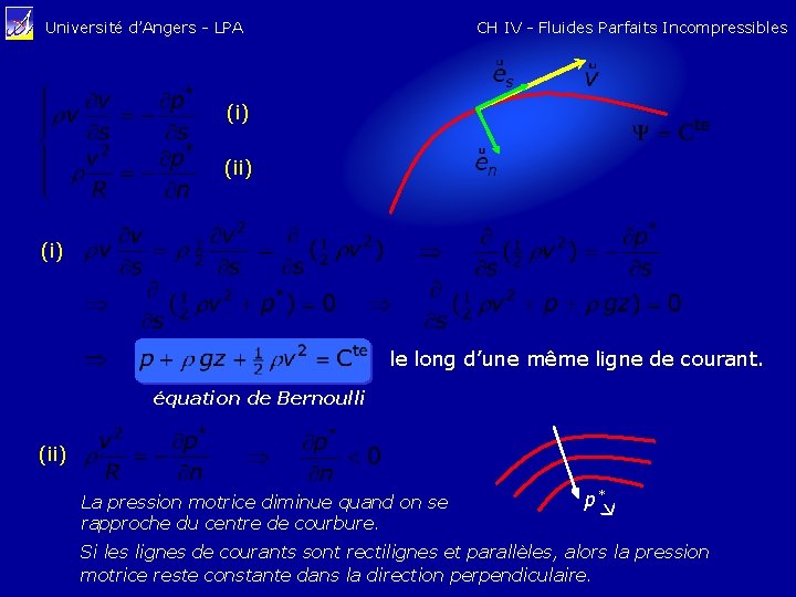 CH IV - Fluides Parfaits Incompressibles Université d’Angers - LPA (i) (i) le long
