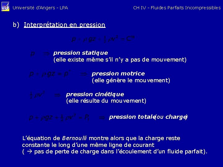 CH IV - Fluides Parfaits Incompressibles Université d’Angers - LPA b) Interprétation en pression