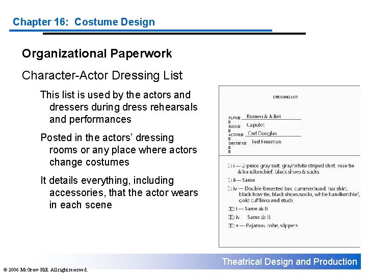 Chapter 16: Costume Design Organizational Paperwork Character-Actor Dressing List This list is used by