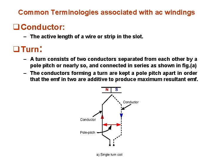 Common Terminologies associated with ac windings q Conductor: – The active length of a