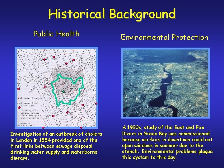 Historical Background Public Health Investigation of an outbreak of cholera in London in 1854