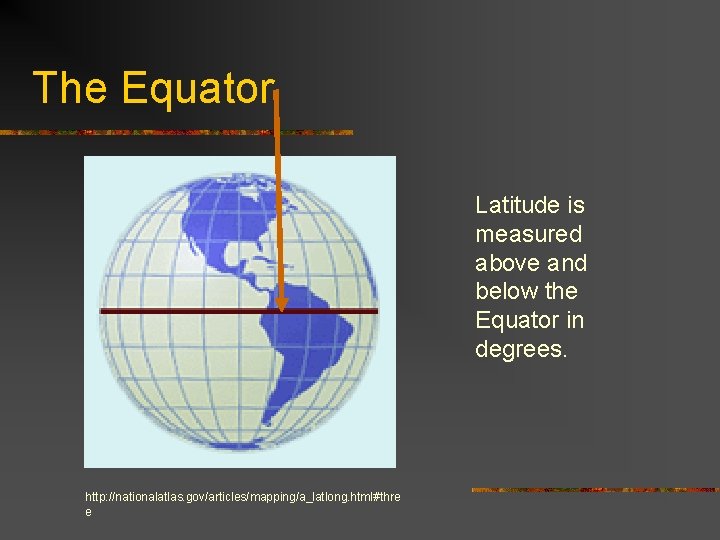 The Equator Latitude is measured above and below the Equator in degrees. http: //nationalatlas.