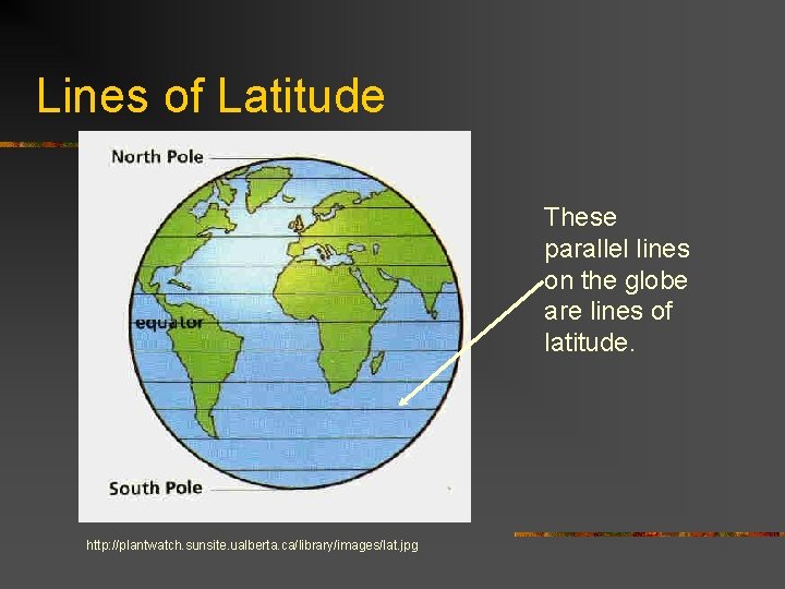 Lines of Latitude These parallel lines on the globe are lines of latitude. http: