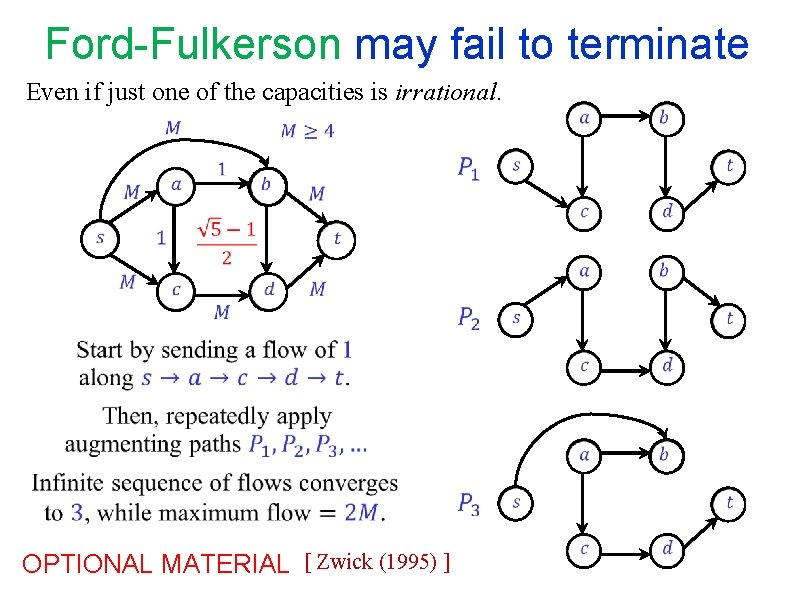 Ford-Fulkerson may fail to terminate Even if just one of the capacities is irrational. Ford-Fulkerson may fail to terminate Even if just one of the capacities is irrational.