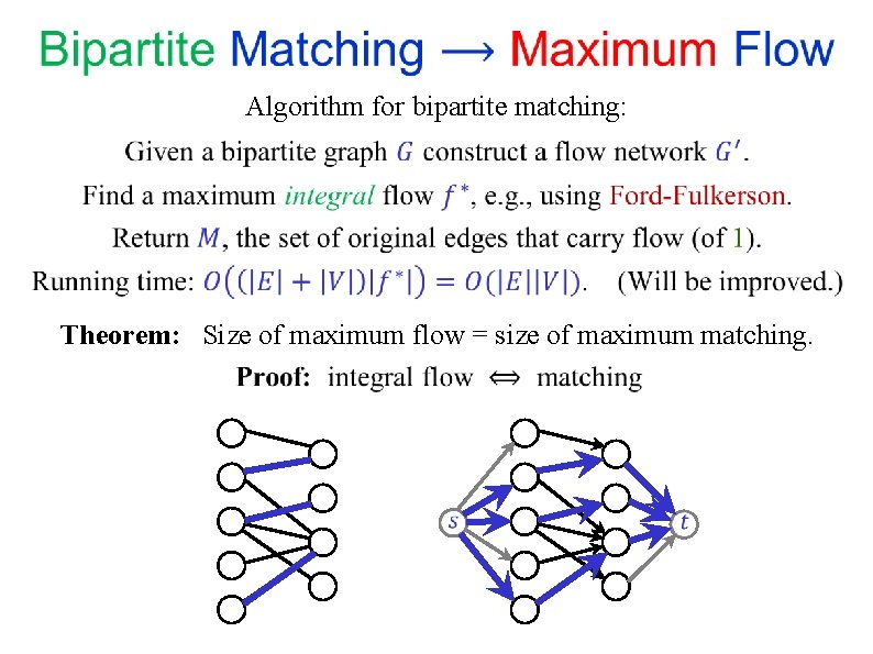 Algorithm for bipartite matching: Theorem: Size of maximum flow = size of maximum Algorithm for bipartite matching: Theorem: Size of maximum flow = size of maximum